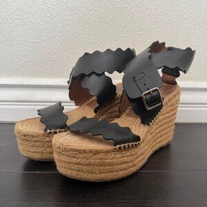Chloe Lauren scalloped black leather espadrille wedge sandals